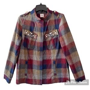 Cabi Plaid Collage Zip Front Jacket with Pearl Embellishment Style 3555 Medium